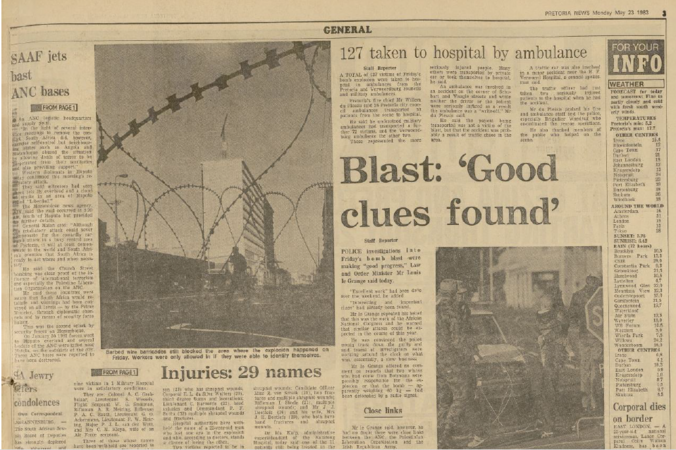 SA Air Force operation, Blast: Good clues found, Pretoria News, 23  May  1983