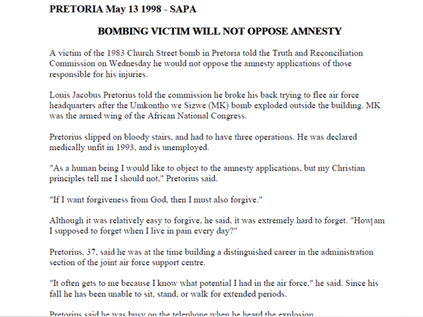 SA Air Force operation, Bombing victim will not oppose amnesty, SAPA, 13 May 1998