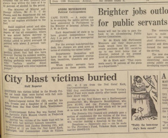 SA Air Force operation, City blast victims buried, Pretoria News, 26 May 1983