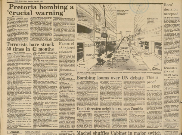 SA Air Force operation, Pretoria bombing a 'crucial warning', Rand Daily Mail,  23 May 1983