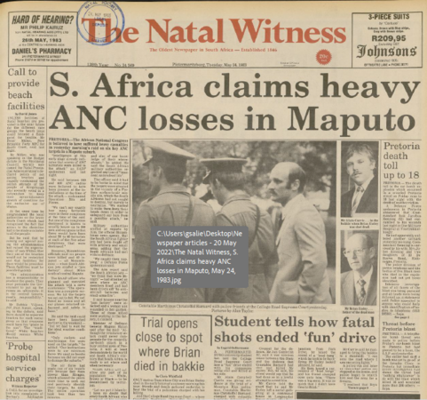SA Air Force operation, S. Africa claims heavy ANC losses in Maputo, Natal Witness, 24  May 1983