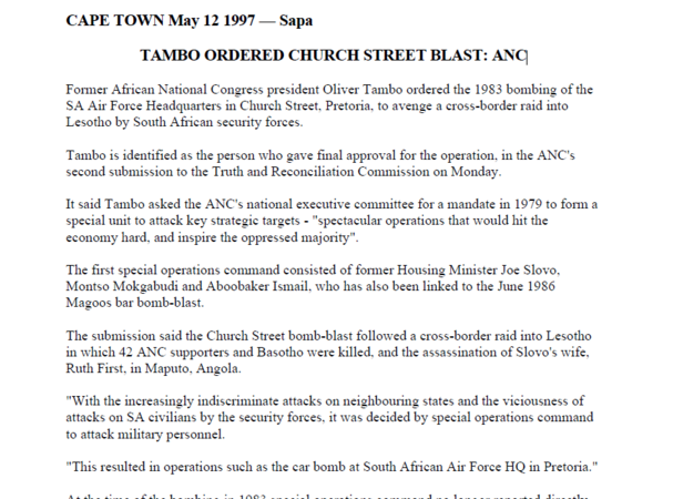 SA Air Force operation, Tambo ordered Church Street blast: ANC,  Cape Times  12 May 1997 