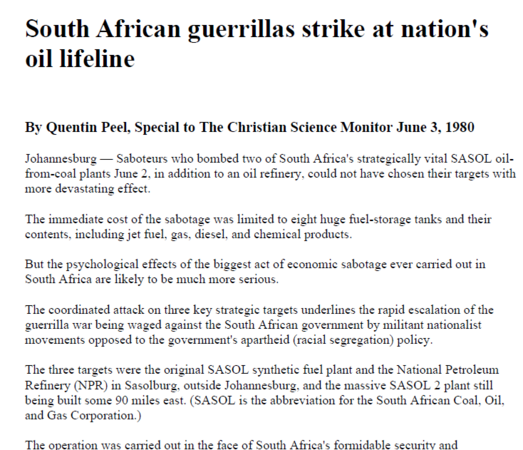South African guerrillas strike at nation's oil lifeline, by Quentin Peel, Christian Science Monitor, 3 June 1980