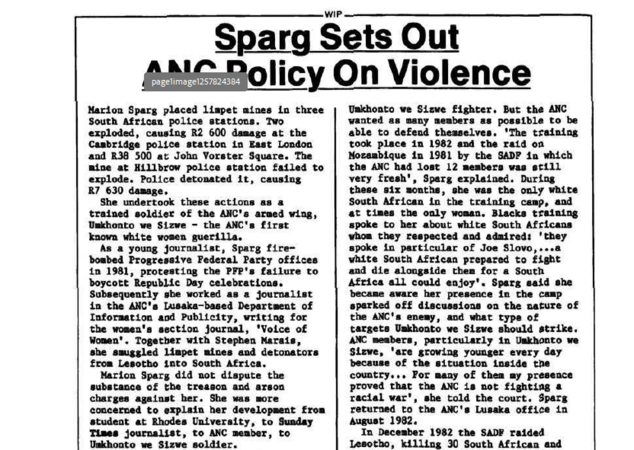 Police station operations, 1986, Sparg sets out ANC policy on violence