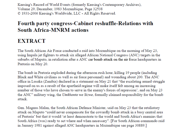 SA Air Force operation, 20 December 1983, Fourth party congress-Cabinet reshuffle-Relations with South Africa-MNRM actions, Keesing_s Record of World Events, Vol 29, December 1983 