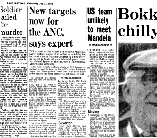 Power stations operation, New target now for ANC, says expert, Rand Daily Mail, 22 July 1981  