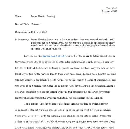 Biography of James Thabiso Lenkoe by Thad Hand