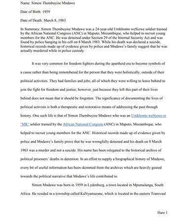 Biography of Simon Thembuyise Mndawe by Taylor Hare