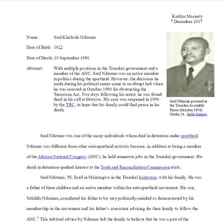Biography of Saul Kholisile Ndzumo by Kaitlyn Moriarty