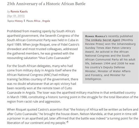 Cuito Cuanavale, Angola 25th Anniversary of a Historic African Battle by Ronnie Kasrils (Monthly Review), Africa, Angola