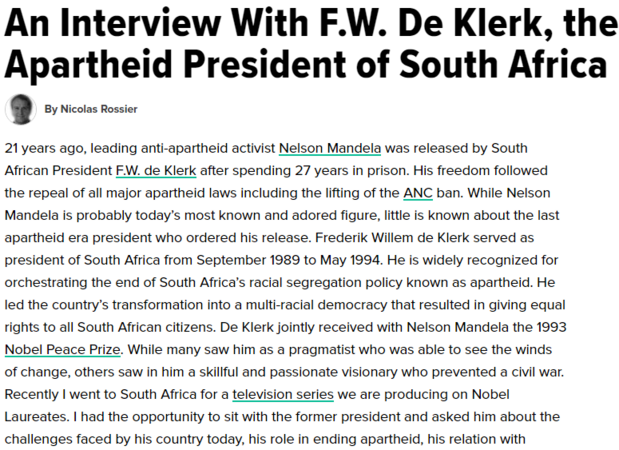 An Interview With F.W. De Klerk, the Last Apartheid President of South Africa by Nicolas Rossier