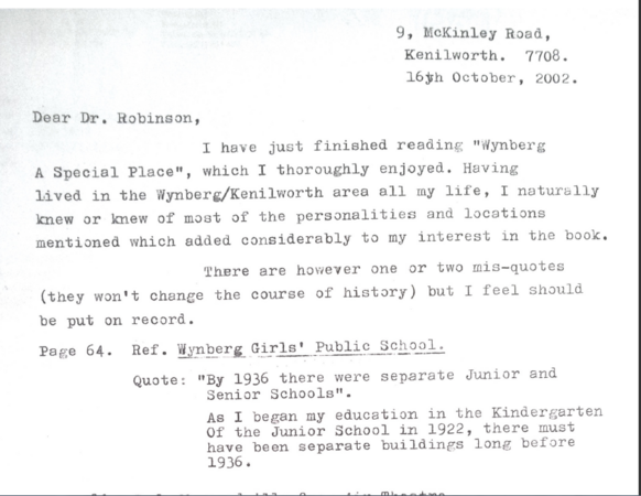 Letter from Mrs Thompson of Athlone Committee, 16 October 2002