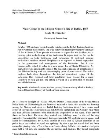 ‘Fate Comes to the Mission Schools’: Fire at Bethel, 1953 by Linda M. Chisholm