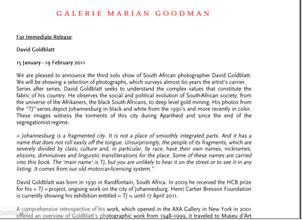  For immediate release: David Goldblatt, 15 January - 19 February 2011, Paris