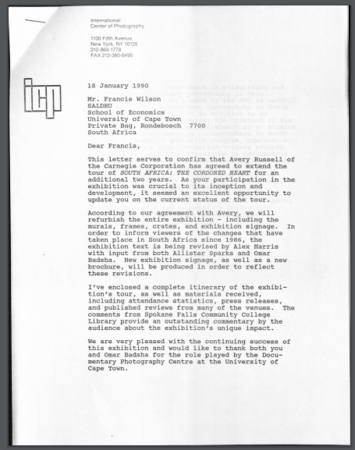 Letter to Francis Wilson and Travel itinerary, 18 January 1990