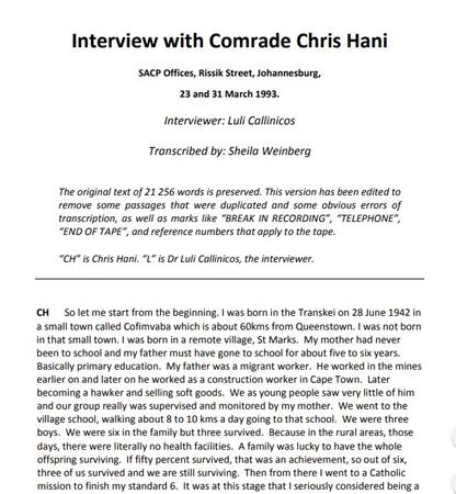 Chris Hani interviewed by Luli Callinicos (Johannesburg), 23  and 31 March 1993