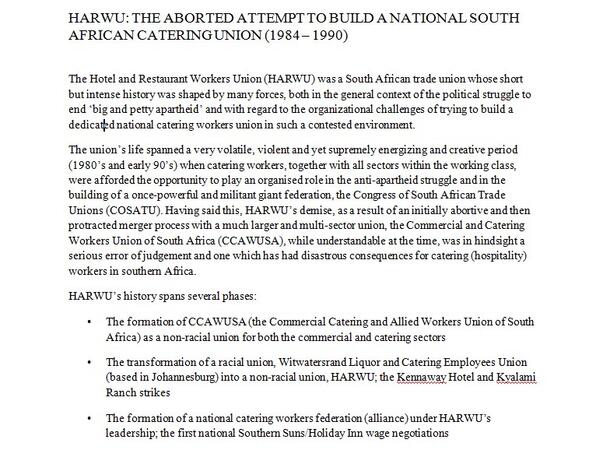 HARWU: The Aborted Attempt to Build a National South African Catering Union (1984 – 1990) by Allan Horwitz, June 2018