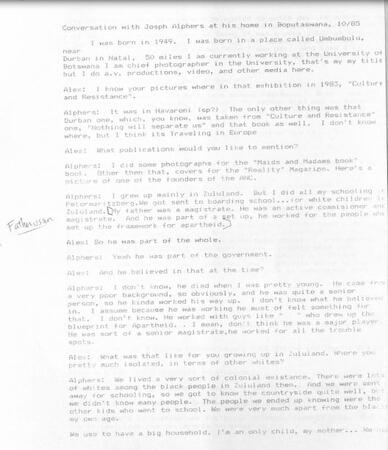 Conversation with Joseph Alphers, Bophuthatswana, October 1985