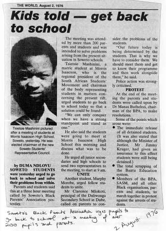 ’Kids told - get back to school’, Ndlovu, D., The World. 2 August 1976