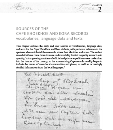 Kora: A Lost Khoisan Language Chapter 2: Sources of the Cape Khoekhoe and Kora records Vocabularies, Language Data and Texts by Menán du Plessis