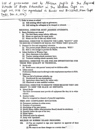 List of grievances sent by African pupils to the Regional Director of Bantu Education in the Western Cape 
