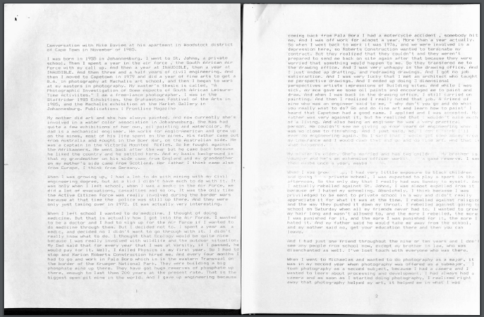 Conversation with Mike Davies, Woostock, Cape Town, November 1985