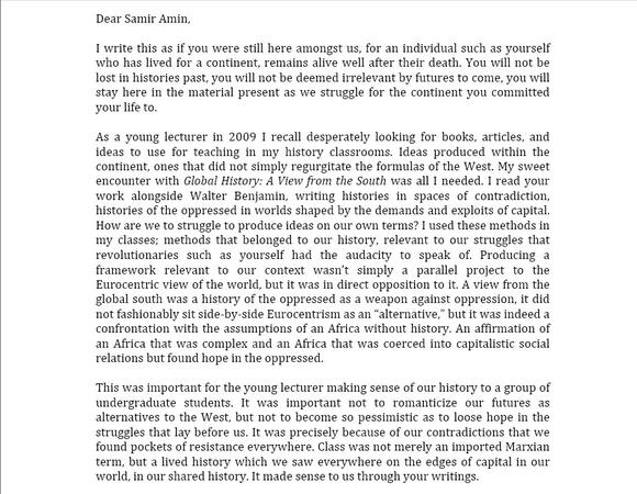 Letter by Natasha Issa Shivji to Samir Amin, Dar es Salaam, 13 August 2018