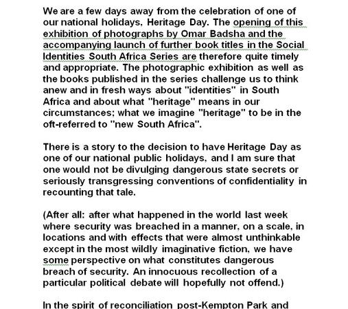 Opening Address at the Omar Badsha Photographic exhibition by Jakes Gerwel, September 2001
