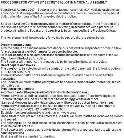 Procedure for voting by secret ballot in National Assembly, 8 August 2017