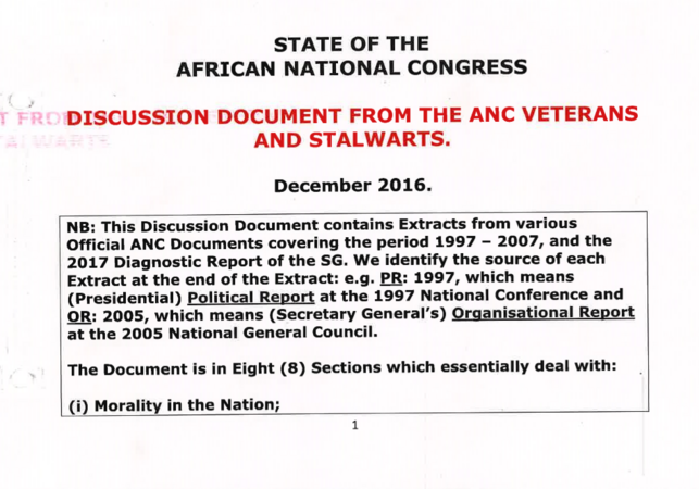 State of African National Congress discussion document from ANC veterans and stalwarts