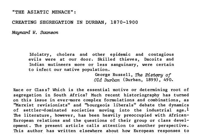 "The Asiatic Menace": Creating Segregation in Durban, 1870-1900 by Maynard W. Swanson