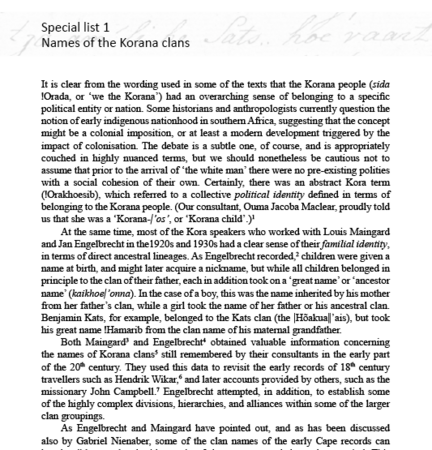 Kora: A Lost Khoisan Language The special list 1: Names of the Korana clans by Menán du Plessis