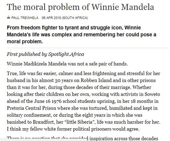 The Moral Problem of Winnie Mandela by Paul Trewhela (Dailymaverick.com), 6 April 2018, South Africa
