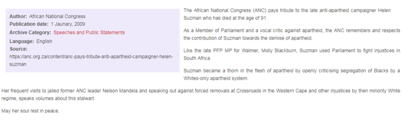 Tribute to Anti-apartheid campaigner, Helen Suzman, by African National Congress, 1 January 2009