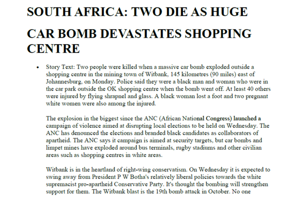South Africa: two die as huge car bomb devastates shopping centre, Reuters