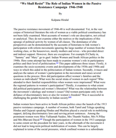 “We Shall Resist” - The Role of Indian Women in the Passive Resistance Campaign 1946-1948  by Kalpana Hiralal
