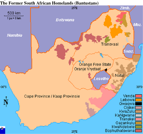 <p>Bantustan territories in South Africa during the apartheid era <a href='https://www.semanticscholar.org/paper/Small-Hold-Alternatives-for-Land-Redistribution-in-Grinde/56f91cef8bb2bba055338bba9987078e79650a79' target='_blank'> Source: Semantic Scholar</a></p>