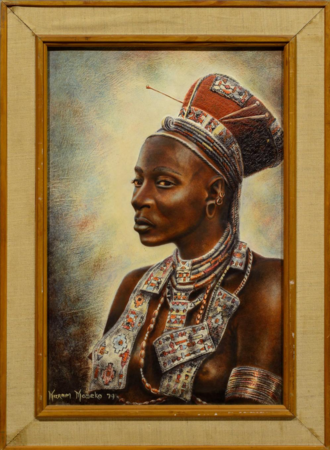 Oil on Hide, Zulu Maiden by SA artist Mizream Maseko