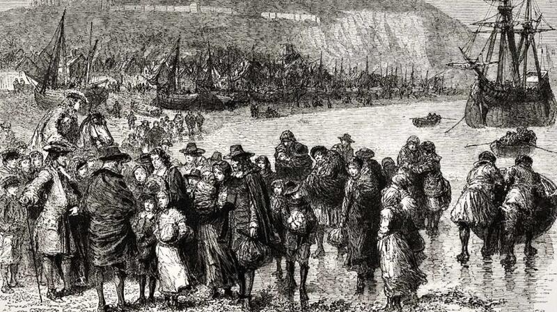 An artist’s impression of Huguenot refugees arriving at Dover. The scene appears to be set at a similar period to the emigration of the Fontaine and Mauzy families, in 1685. Source: www.huguenotsofspitalfields.org/blog/the-huguenots-of-dartmouth/
