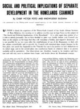 Social and political implications of separate development in the homelands examined