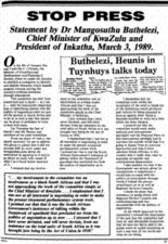 Stop Press: Statement by Dr Mangosuthu Buthelezi, Chief Minister of KwaZulu and President of Inkatha, March3, 1989