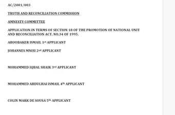Application for amnesty AC/2001/003, A Ismail, Mnisi, Shaik, M Ismail, de Sousa, Moisi, Thobela, 16 January 2001