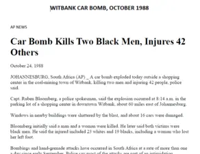 Car Bomb Kills Two Black Men, Injures 42 Others, AP News, 24 October 1988