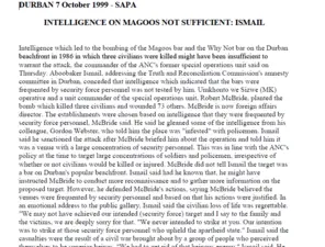 Intelligence on Magoos not sufficient: Ismail, SAPA, 7 October 1999