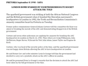 London bomb sparked by Voortrekkerhoogte rocket attack, TRC told, SAPA, 8 September 1998