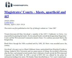 Magistrates' courts - blasts, apartheid and art, by Lucille Davie, The Heritage Portal, 6 April 2020