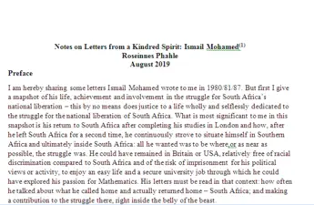 Notes on Letters from a Kindred Spirit: Ismail Mohamed by Roseinnes Phahle, August 2019