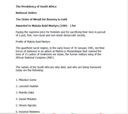 The Presidency of South Africa National Orders, the Order of Mendi for Bravery in Gold Awarded to Matola Raid Martyrs 