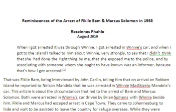 Reminiscences of the Arrest of Fikile Bam & Marcus Solomon in 1963 by Roseinnes Phahle, August 2019