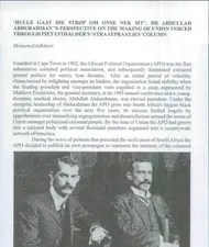  'Hulle gaat die strop om onse nek sit': Dr Abdullah Abdurahman's Perspective on the Making of Union Voiced Through Piet Uithalder's 'Straatpraatjes' Column by Mohamed Adhikari